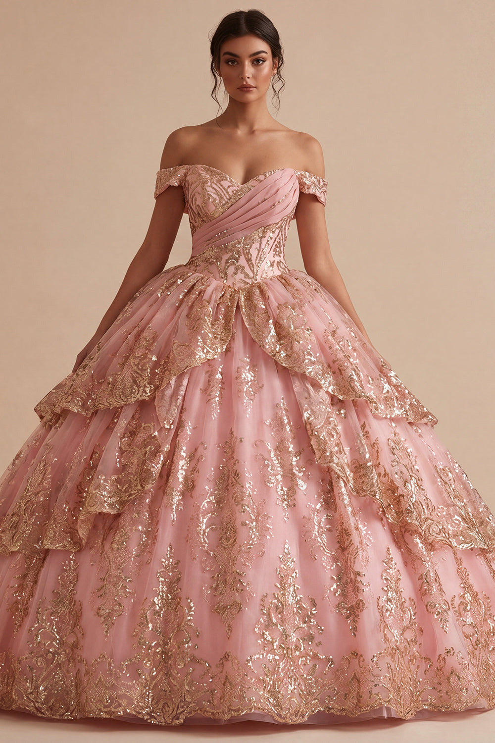 Princess Sequin Ruched Sparkly Pink Long Off the Shoulder Quinceanera Dress