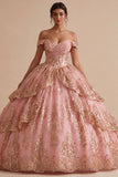 Princess Sequin Ruched Sparkly Pink Long Off the Shoulder Quinceanera Dress