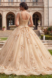 V-Neck Champagne Floral Glitter Princess Long Quinceanera Dress