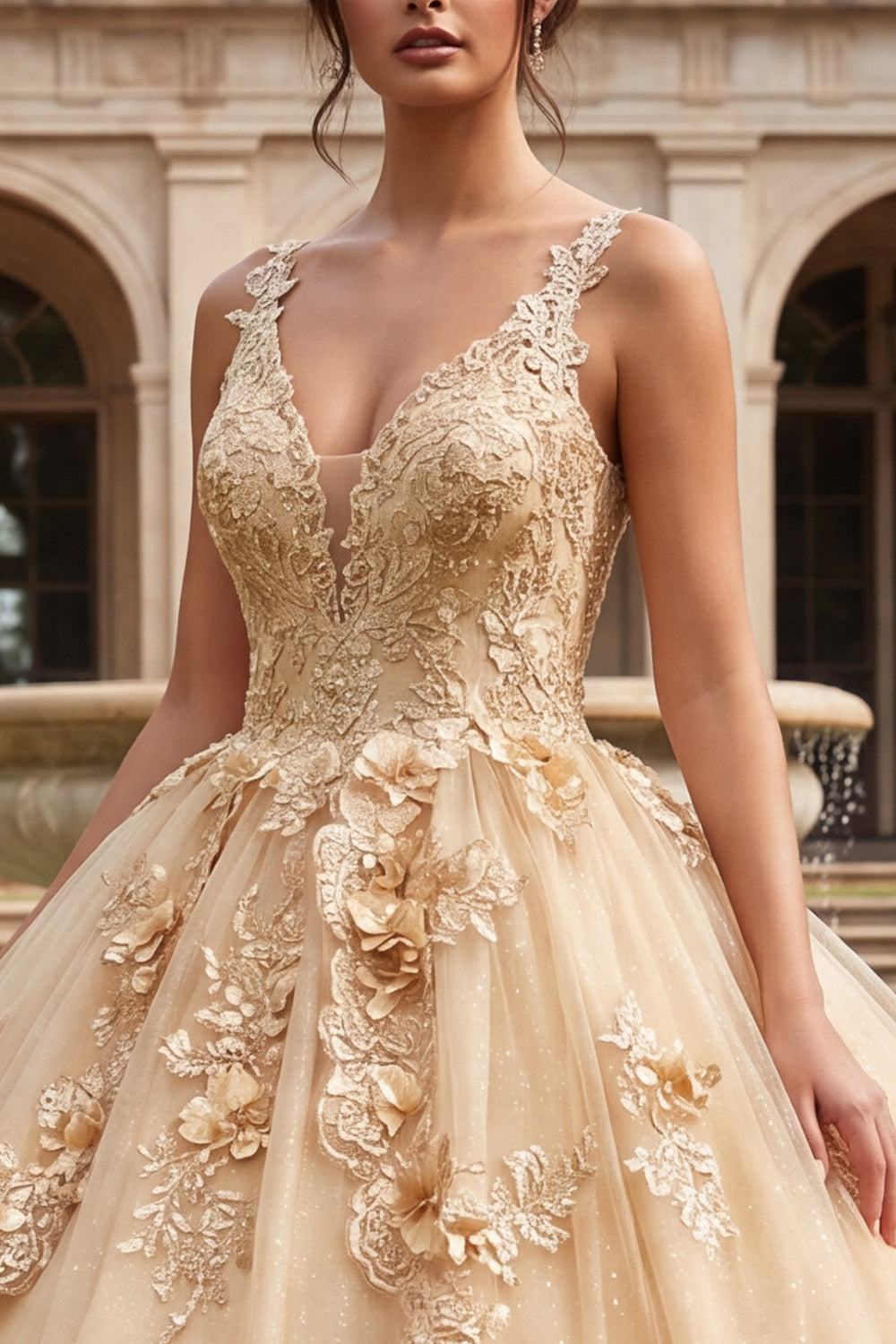 V-Neck Champagne Floral Glitter Princess Long Quinceanera Dress