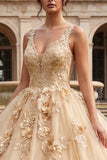V-Neck Champagne Floral Glitter Princess Long Quinceanera Dress