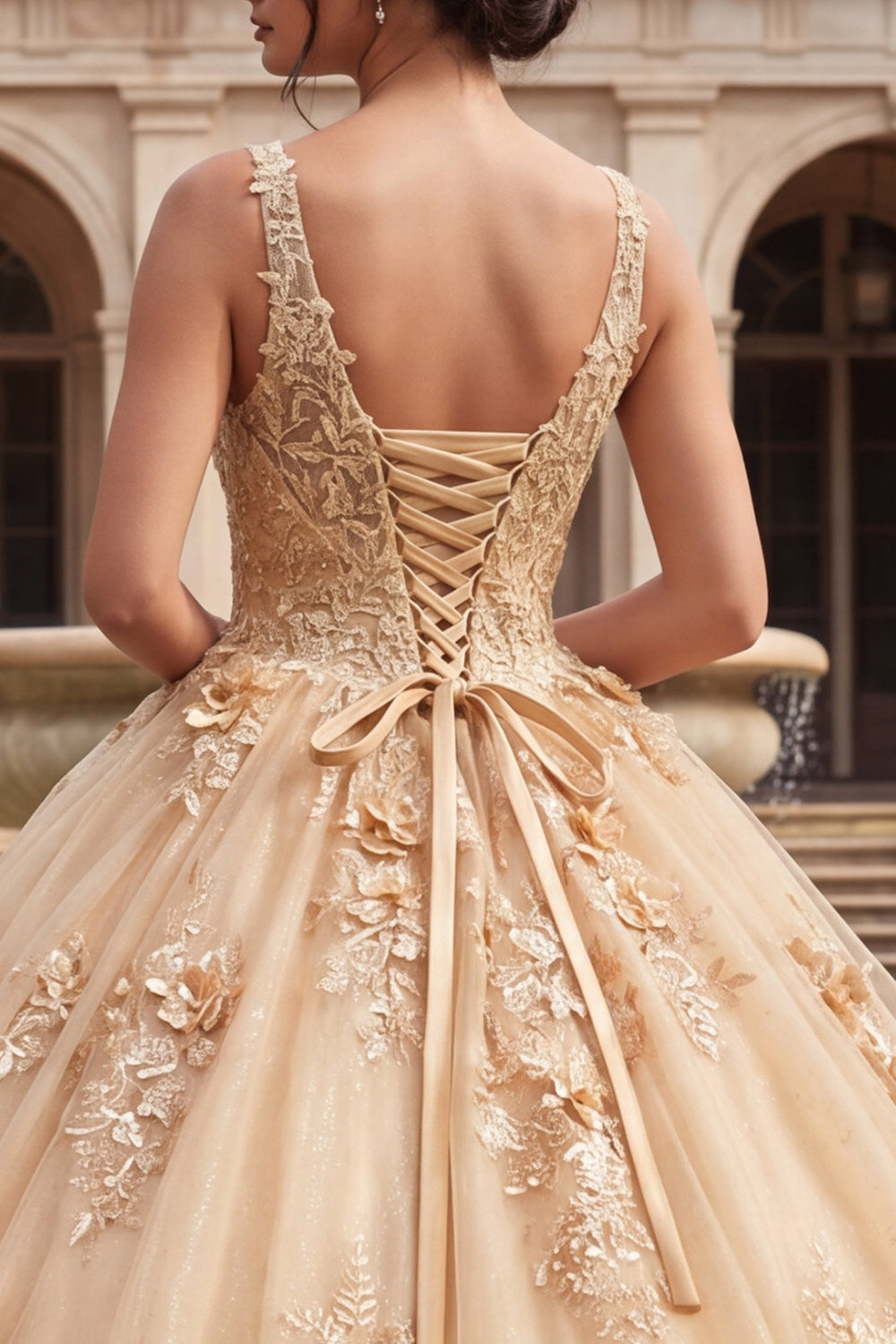 V-Neck Champagne Floral Glitter Princess Long Quinceanera Dress