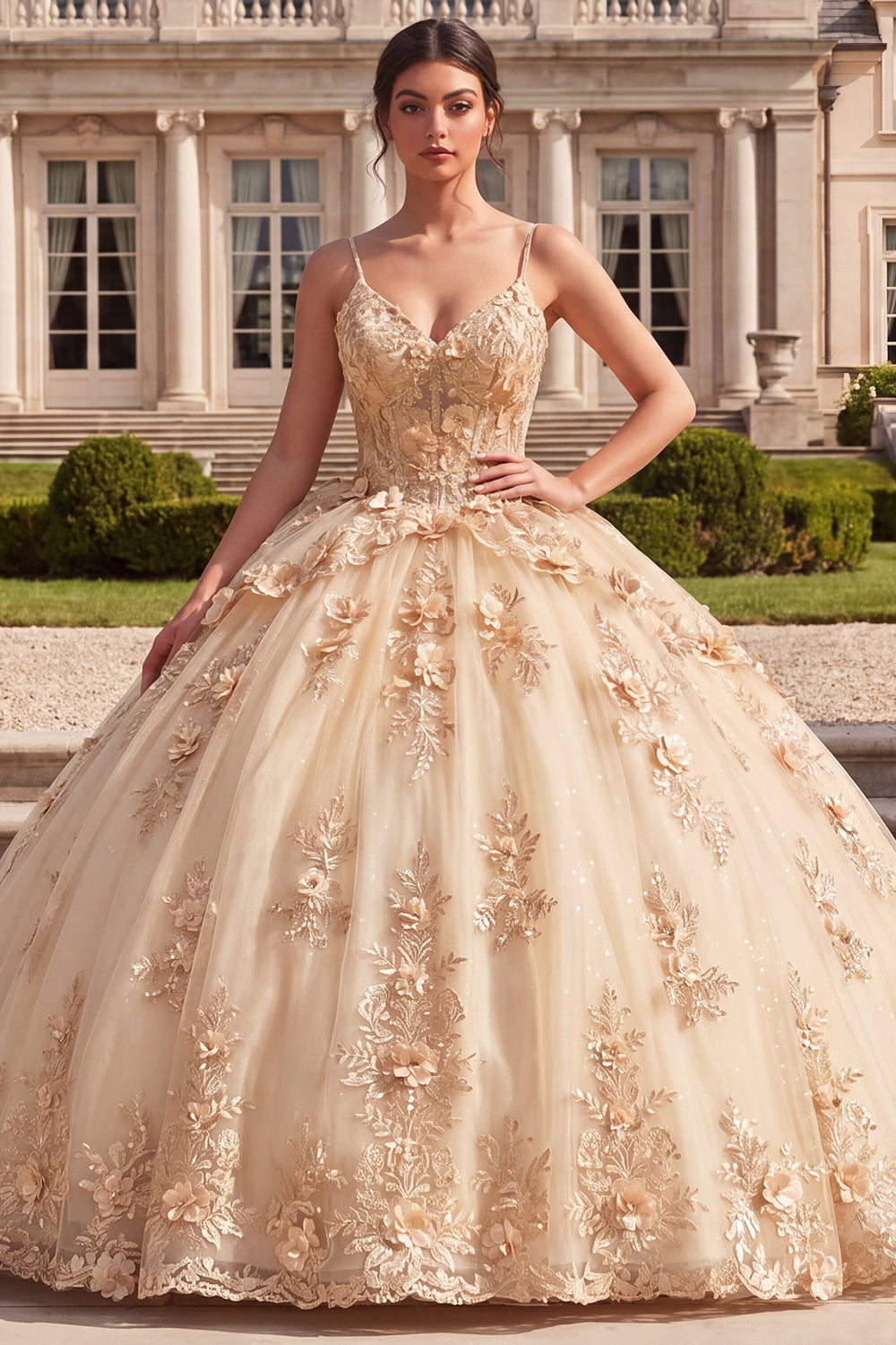 Corset Spaghetti Straps Champagne Floral Glitter Princess Long Quinceanera Dress