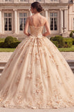 Corset Spaghetti Straps Champagne Floral Glitter Princess Long Quinceanera Dress