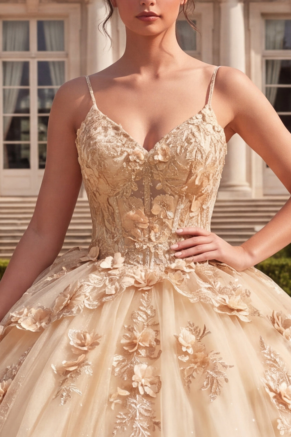 Corset Spaghetti Straps Champagne Floral Glitter Princess Long Quinceanera Dress