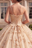 Corset Spaghetti Straps Champagne Floral Glitter Princess Long Quinceanera Dress