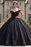 Off the Shoulder Princess Sparkly Black Long Quinceanera Dress with Beading