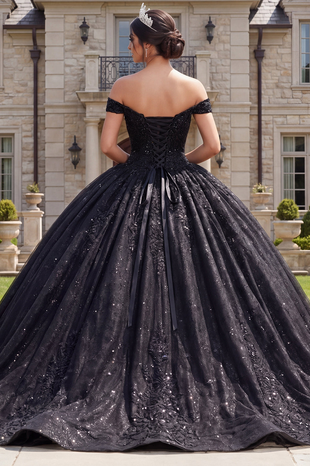 Off the Shoulder Princess Sparkly Black Long Quinceanera Dress with Beading