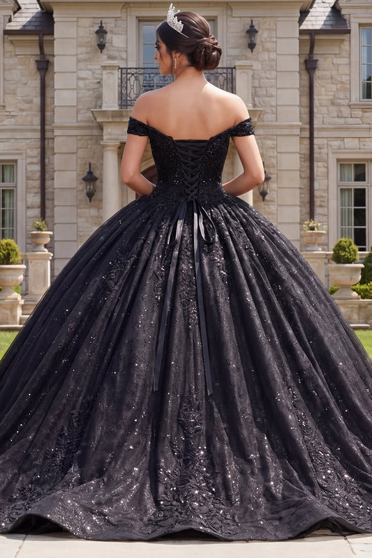 Off the Shoulder Princess Sparkly Black Long Quinceanera Dress with Beading