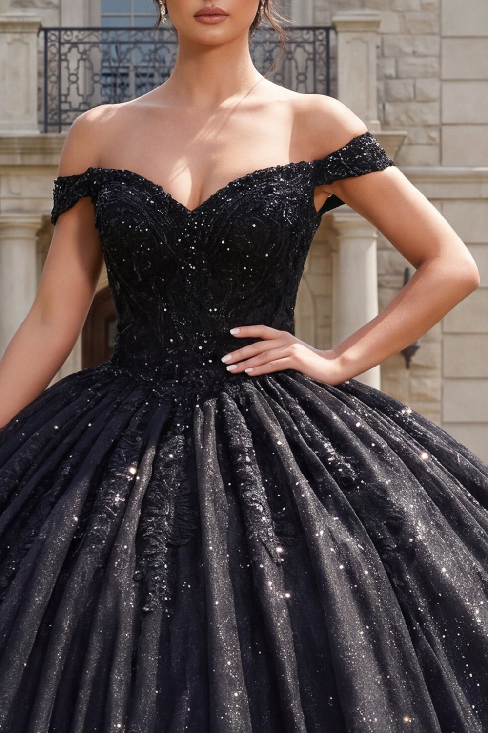 Off the Shoulder Princess Sparkly Black Long Quinceanera Dress with Beading