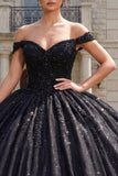 Off the Shoulder Princess Sparkly Black Long Quinceanera Dress with Beading