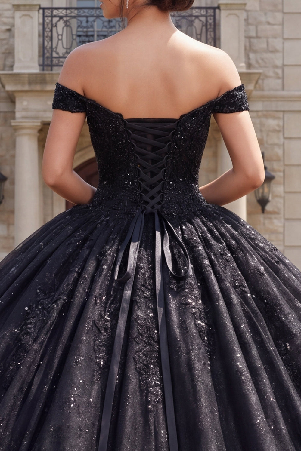Off the Shoulder Princess Sparkly Black Long Quinceanera Dress with Beading
