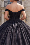 Off the Shoulder Princess Sparkly Black Long Quinceanera Dress with Beading