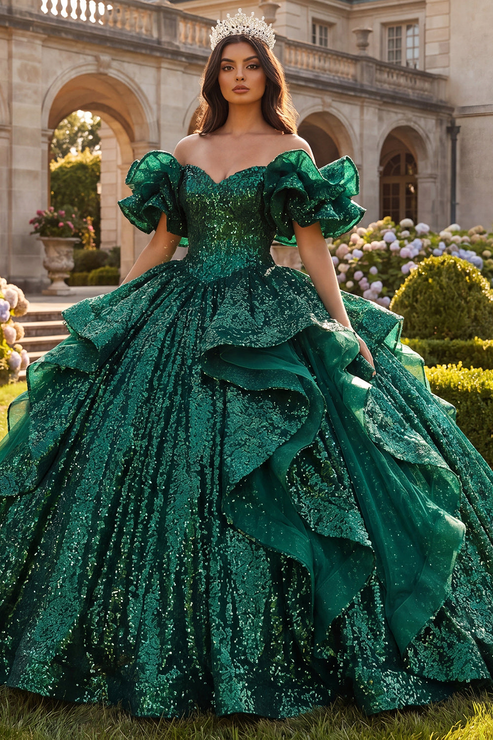 Zapakasa Women Sparkly Dark Green Long Quinceanera Dress with Ruffles