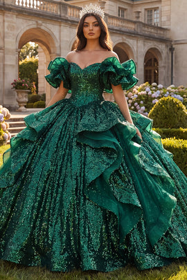Sparkly Dark Green Princess Sequin Long Quinceanera Dress with Ruffles
