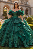 Sparkly Dark Green Princess Sequin Long Quinceanera Dress with Ruffles