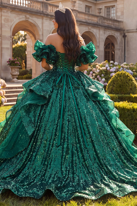 Sparkly Dark Green Princess Sequin Long Quinceanera Dress with Ruffles