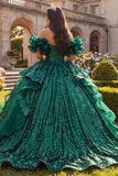 Sparkly Dark Green Princess Sequin Long Quinceanera Dress with Ruffles