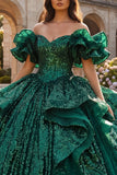 Sparkly Dark Green Princess Sequin Long Quinceanera Dress with Ruffles