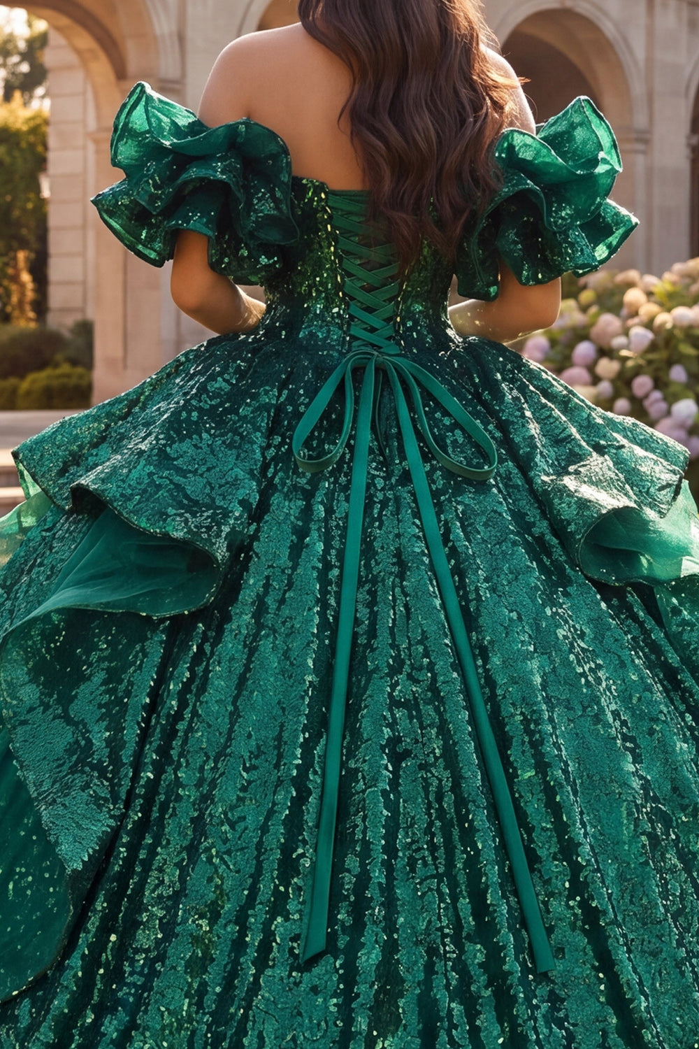 Sparkly Dark Green Princess Sequin Long Quinceanera Dress with Ruffles