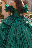 Sparkly Dark Green Princess Sequin Long Quinceanera Dress with Ruffles