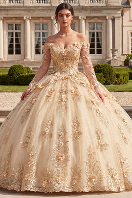 Zapakasa Women Champagne Floral Corset Long Quinceanera Dress Princess Long  Sleeves Off the Shoulder Lace Up Back Glitter Ball Gown Sweet 16 Dress