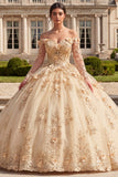 Long Sleeves Corset Champagne Floral Glitter Princess Long Quinceanera Dress
