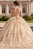 Long Sleeves Corset Champagne Floral Glitter Princess Long Quinceanera Dress