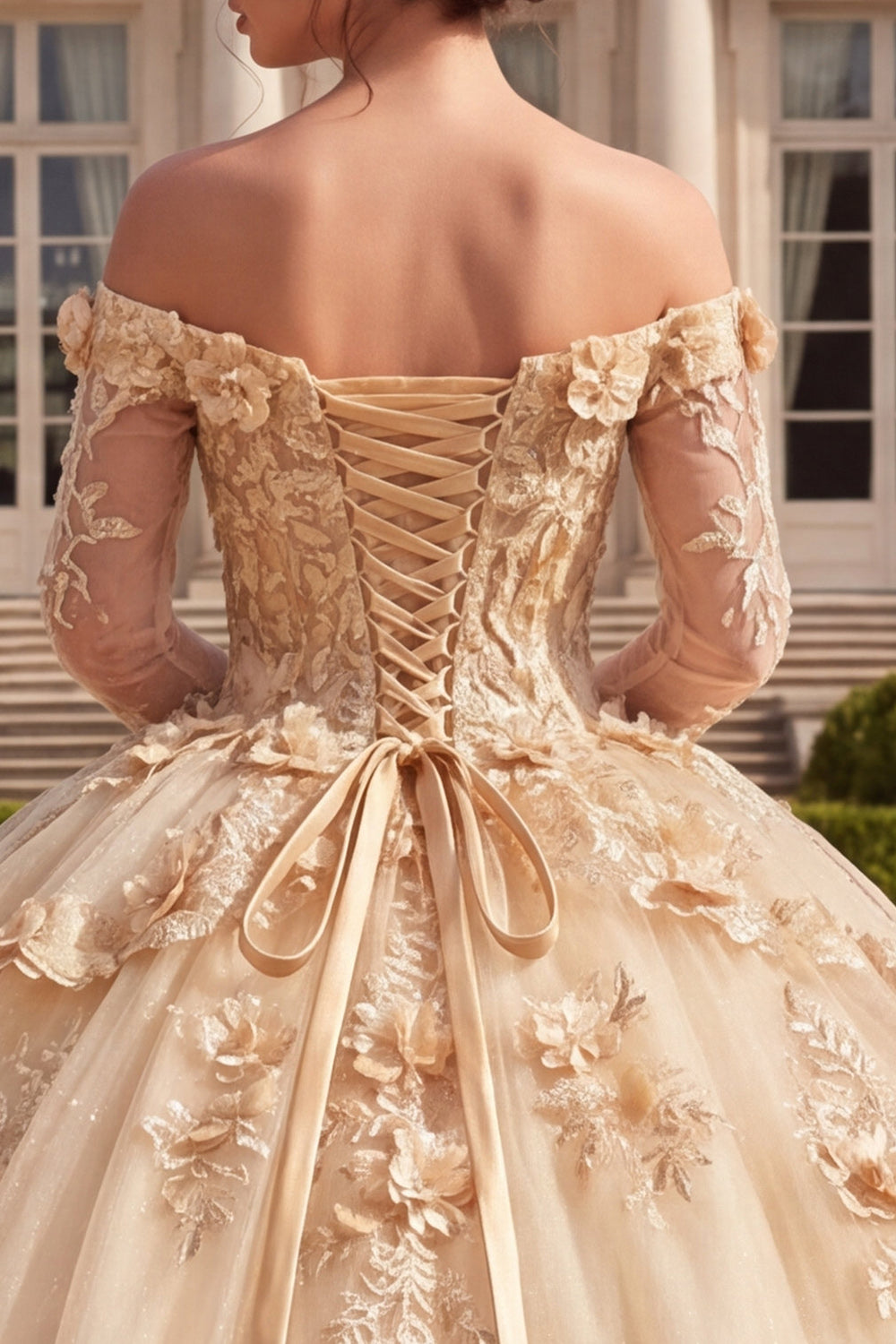 Long Sleeves Corset Champagne Floral Glitter Princess Long Quinceanera Dress