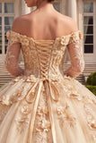 Long Sleeves Corset Champagne Floral Glitter Princess Long Quinceanera Dress