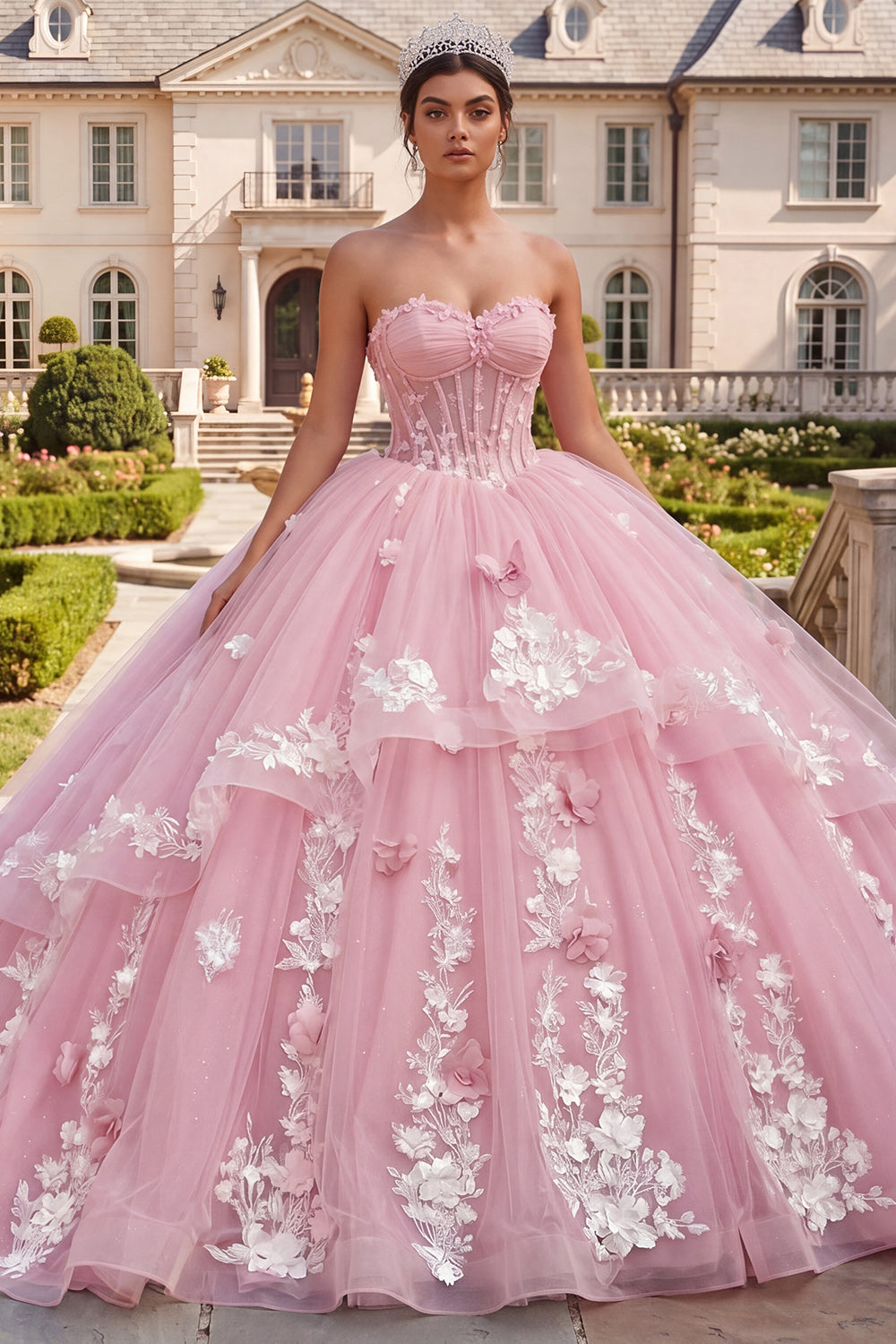 Pink Princess Long Floral Corset Quinceanera Dress with Ruffles