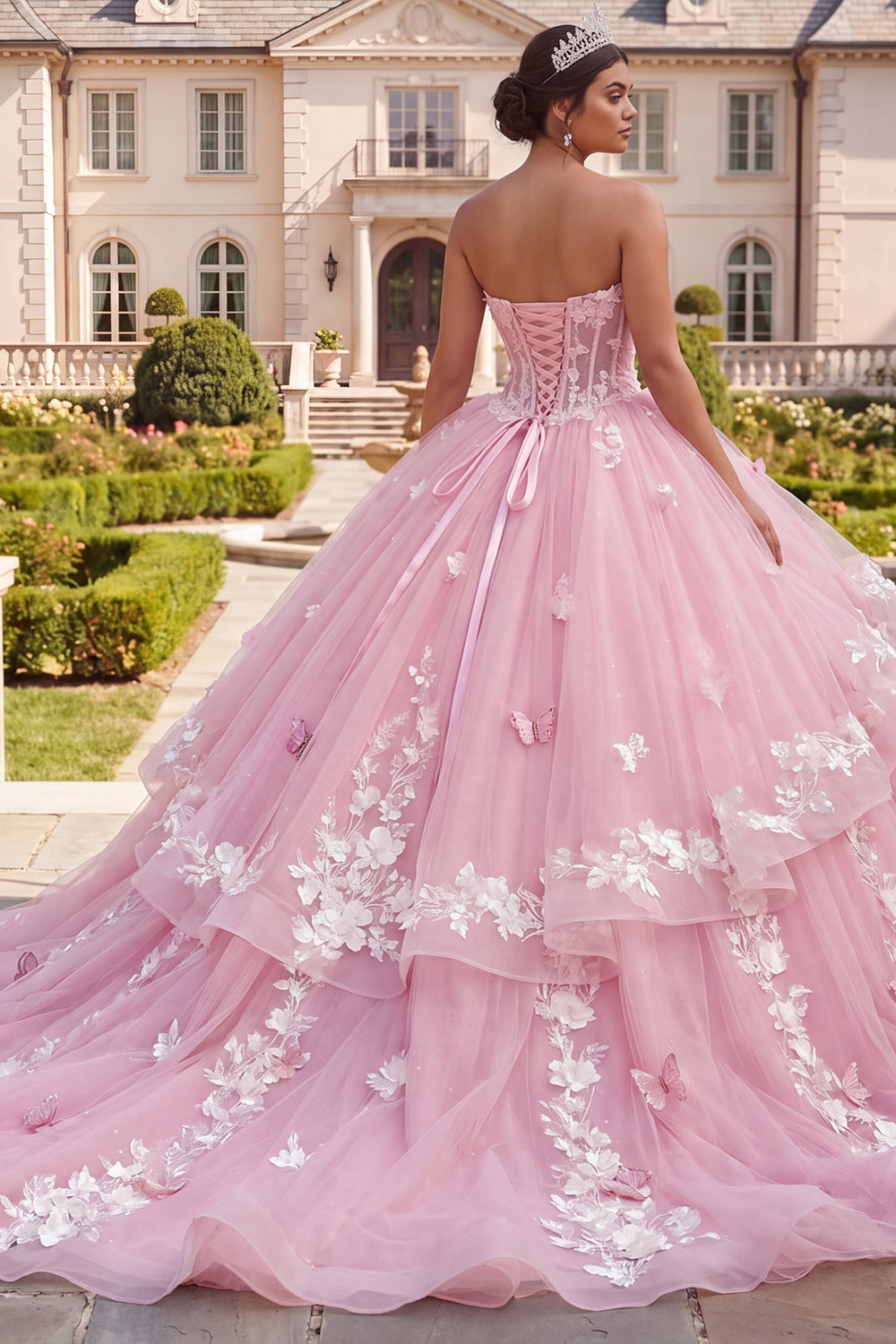 Pink Princess Long Floral Corset Quinceanera Dress with Ruffles