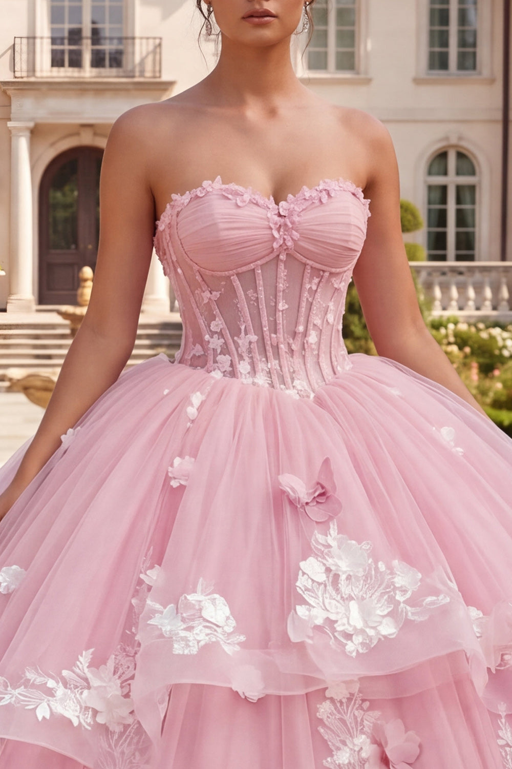 Pink Princess Long Floral Corset Quinceanera Dress with Ruffles