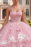 Pink Princess Long Floral Corset Quinceanera Dress with Ruffles