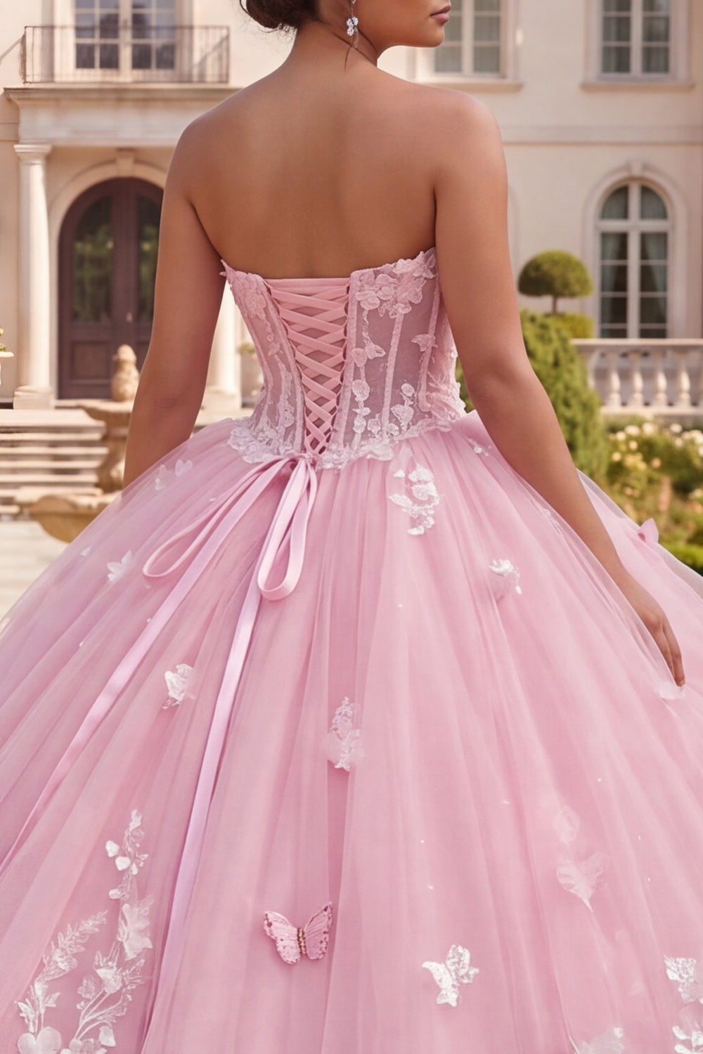 Pink Princess Long Floral Corset Quinceanera Dress with Ruffles