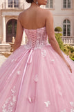Pink Princess Long Floral Corset Quinceanera Dress with Ruffles