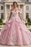 Pink Off the Shoulder Princess Long Floral Quinceanera Dress with Ruffles