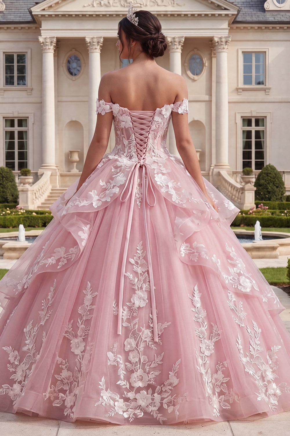Pink Off the Shoulder Princess Long Floral Quinceanera Dress with Ruffles