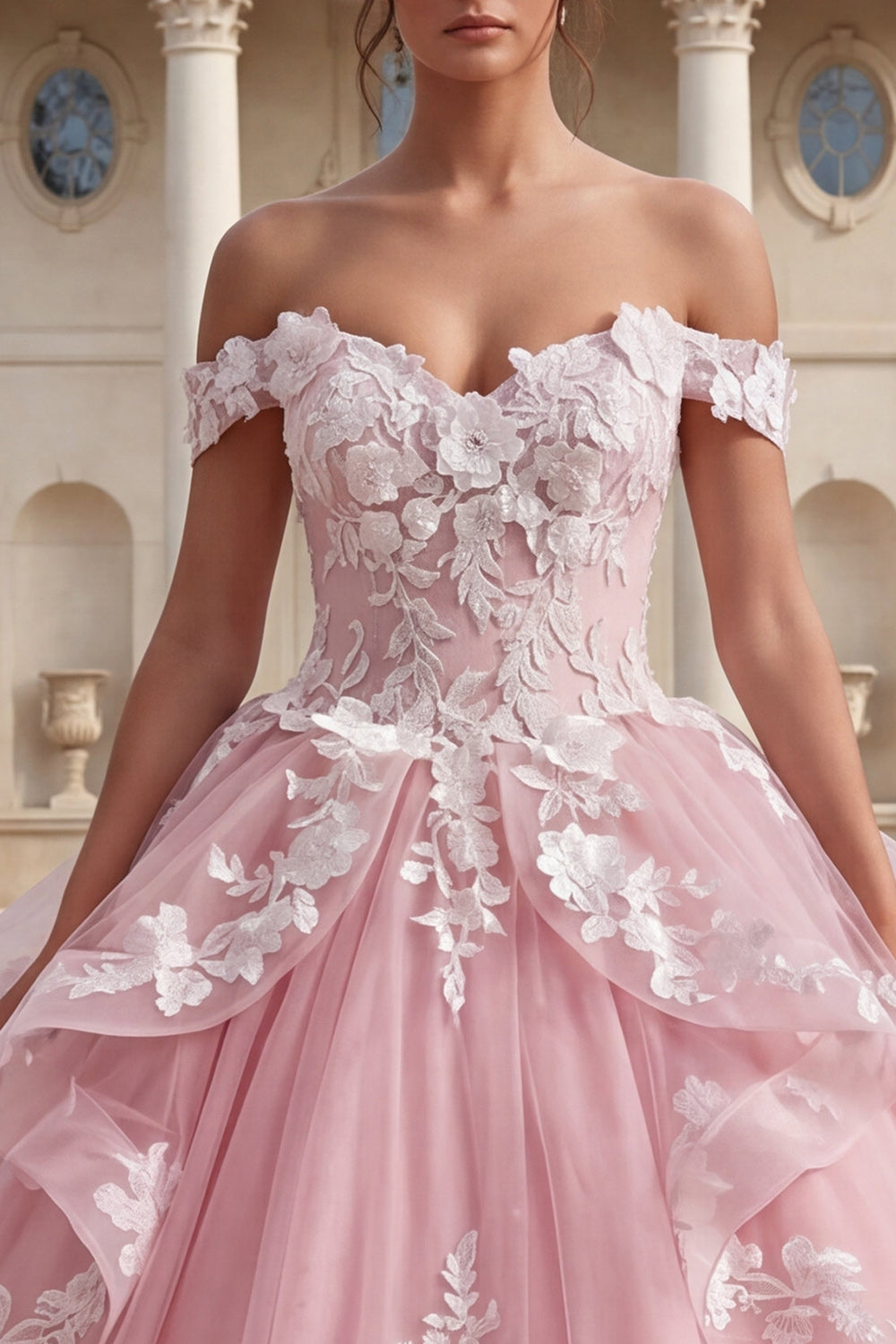Pink Off the Shoulder Princess Long Floral Quinceanera Dress with Ruffles