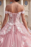 Pink Off the Shoulder Princess Long Floral Quinceanera Dress with Ruffles