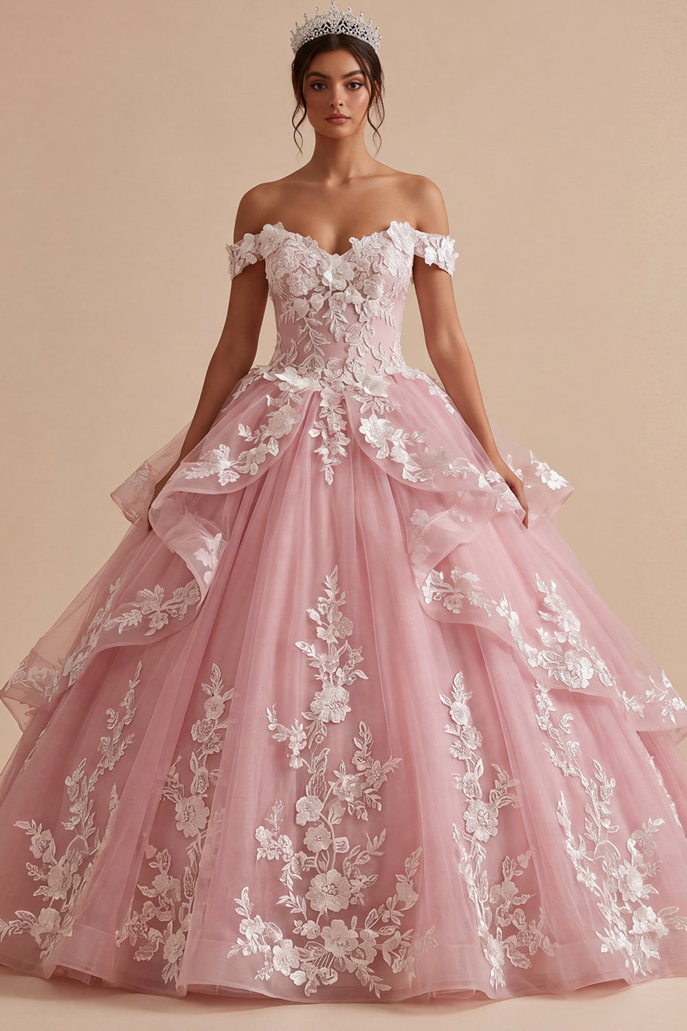 Pink Off the Shoulder Princess Long Floral Quinceanera Dress with Ruffles