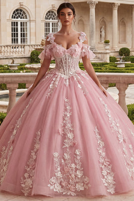 Sparkly Pink Princess Long Floral Corset Cold Shoulder Quinceanera Dress