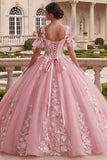 Sparkly Pink Princess Long Floral Corset Cold Shoulder Quinceanera Dress