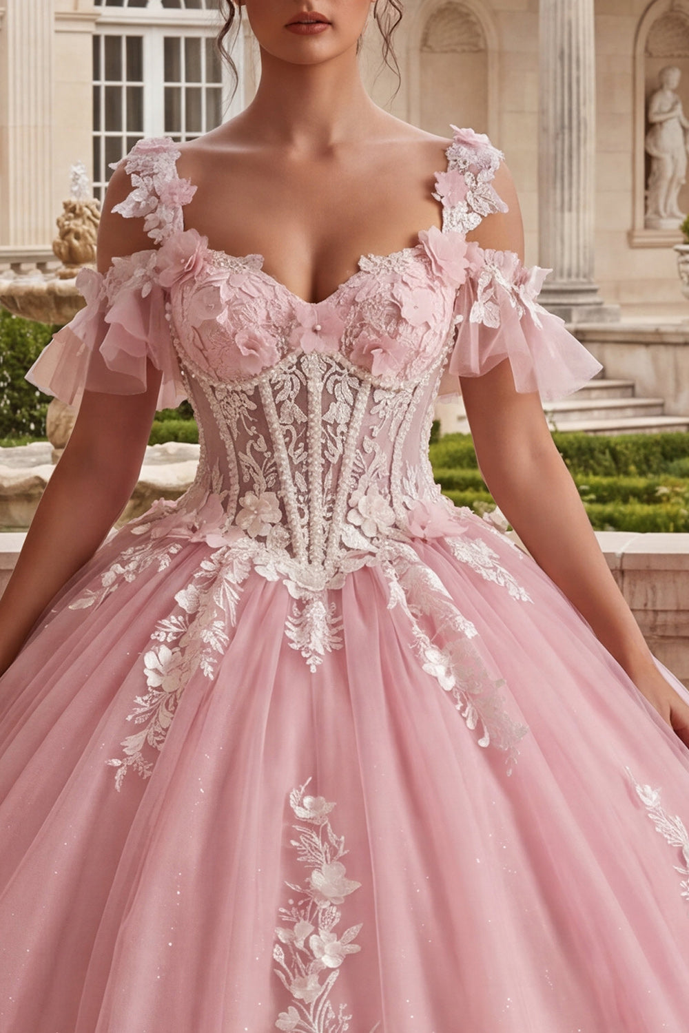Sparkly Pink Princess Long Floral Corset Cold Shoulder Quinceanera Dress