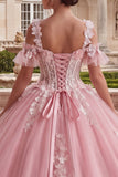 Sparkly Pink Princess Long Floral Corset Cold Shoulder Quinceanera Dress