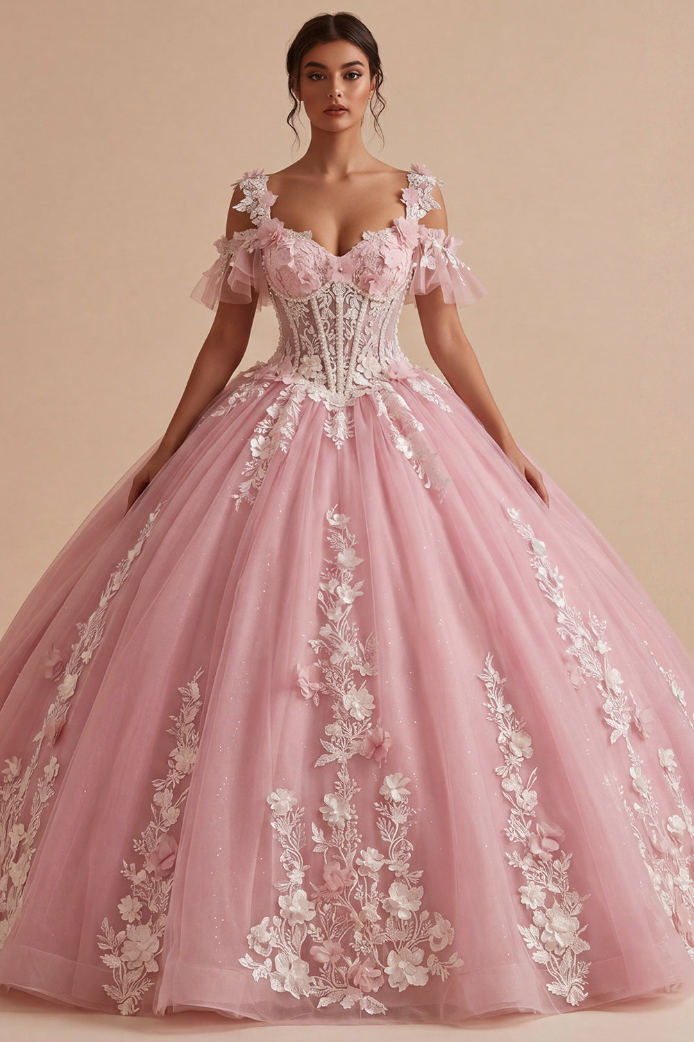 Sparkly Pink Princess Long Floral Corset Cold Shoulder Quinceanera Dress