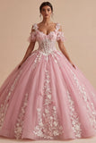 Sparkly Pink Princess Long Floral Corset Cold Shoulder Quinceanera Dress