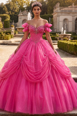 Sparkly Fuchsia Princess Long Corset Off the Shoulder Beaded Quinceanera Dress