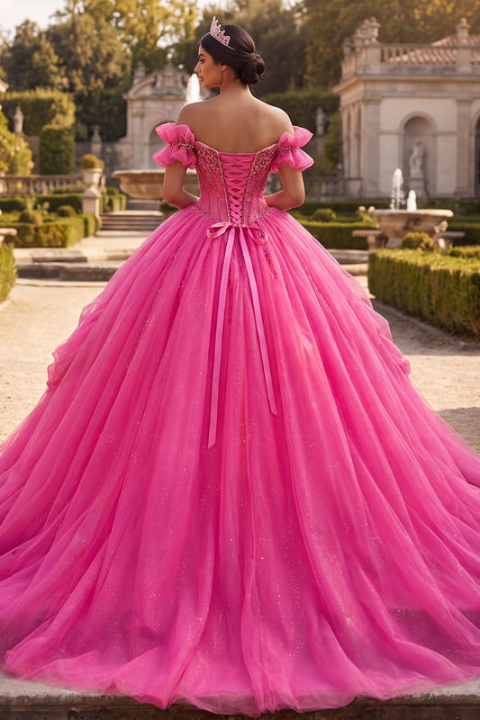 Sparkly Fuchsia Princess Long Corset Off the Shoulder Beaded Quinceanera Dress