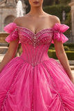 Sparkly Fuchsia Princess Long Corset Off the Shoulder Beaded Quinceanera Dress